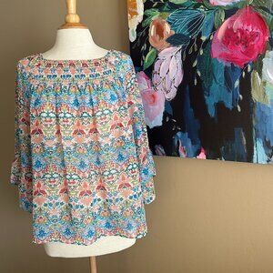 Zac & Rachel Petite Boho Floral Smocked Peasant Blouse Size PL